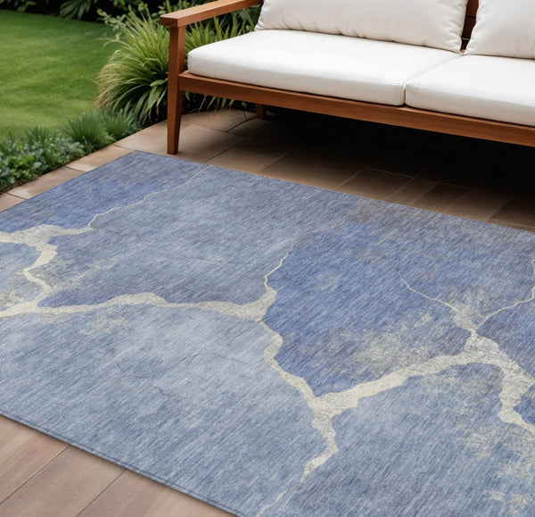 HomeRoots 9' X 12' Denim Blue & Beige Abstract Area Rug – Stylish, Washable, Durable for Indoor & Outdoor Spaces 624699