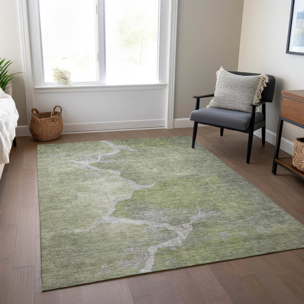 HomeRoots 5' Contemporary Green and Beige Abstract Washable Area Rug for Indoor & Outdoor Spaces, Durable Design 624702