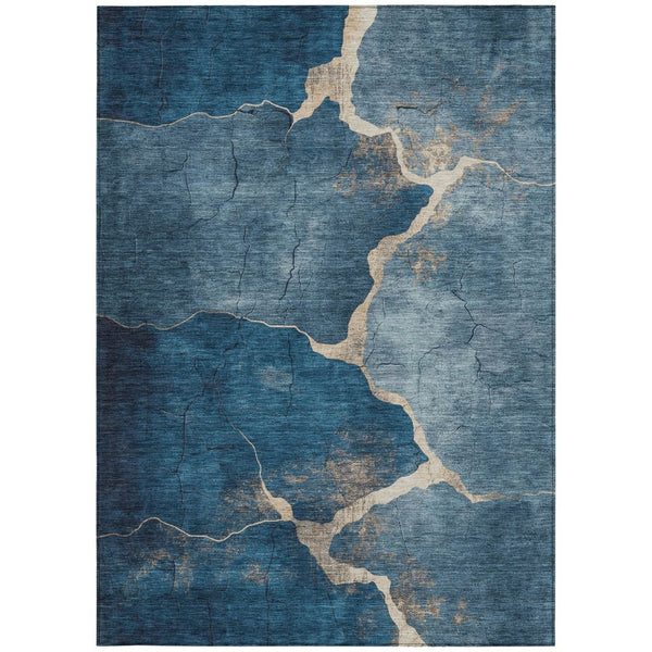 HomeRoots 5' Navy Blue & Beige Abstract Area Rug - Washable, Durable, Stylish for Indoor & Outdoor Spaces 624714