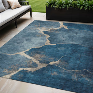 HomeRoots 5' Navy Blue & Beige Abstract Area Rug - Washable, Durable, Stylish for Indoor & Outdoor Spaces 624714