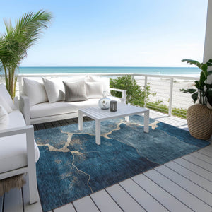 HomeRoots 5' Navy Blue & Beige Abstract Area Rug - Washable, Durable, Stylish for Indoor & Outdoor Spaces 624714