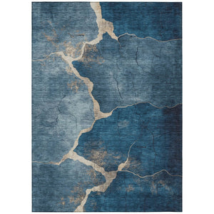 HomeRoots 5' Navy Blue & Beige Abstract Area Rug - Washable, Durable, Stylish for Indoor & Outdoor Spaces 624714