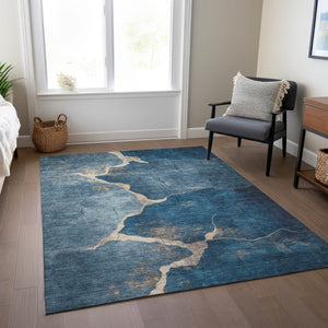 HomeRoots 5' Navy Blue & Beige Abstract Area Rug - Washable, Durable, Stylish for Indoor & Outdoor Spaces 624714