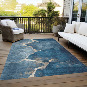 HomeRoots 5' Navy Blue & Beige Abstract Area Rug - Washable, Durable, Stylish for Indoor & Outdoor Spaces 624714