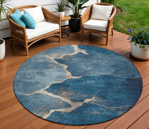 HomeRoots 8' Navy Blue and Beige Round Abstract Rug - Durable, Washable, Stylish for Indoor & Outdoor Spaces 624715