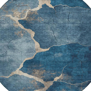 HomeRoots 8' Navy Blue and Beige Round Abstract Rug - Durable, Washable, Stylish for Indoor & Outdoor Spaces 624715