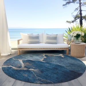 HomeRoots 8' Navy Blue and Beige Round Abstract Rug - Durable, Washable, Stylish for Indoor & Outdoor Spaces 624715