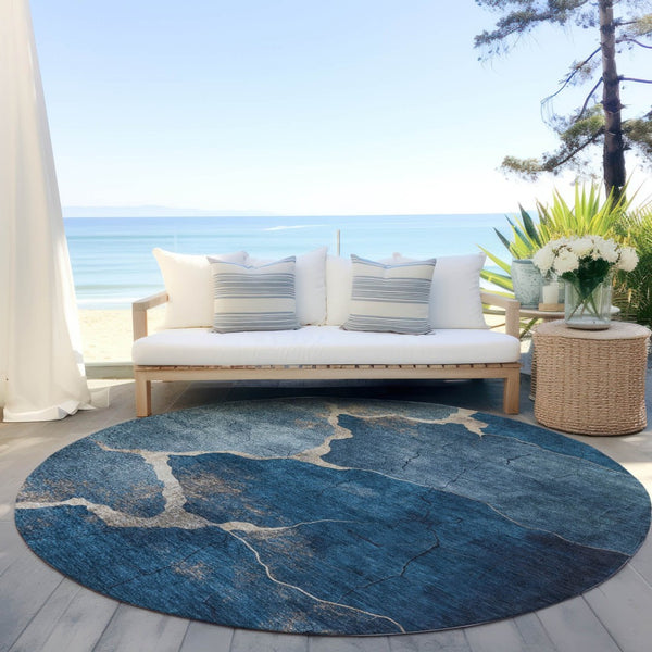 HomeRoots 8' Navy Blue and Beige Round Abstract Rug - Durable, Washable, Stylish for Indoor & Outdoor Spaces 624715