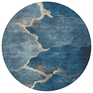 HomeRoots 8' Navy Blue and Beige Round Abstract Rug - Durable, Washable, Stylish for Indoor & Outdoor Spaces 624715