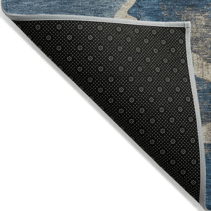 HomeRoots 8' Navy Blue and Beige Round Abstract Rug - Durable, Washable, Stylish for Indoor & Outdoor Spaces 624715