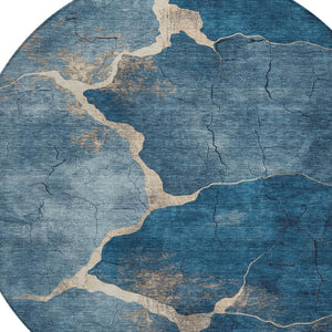 HomeRoots 8' Navy Blue and Beige Round Abstract Rug - Durable, Washable, Stylish for Indoor & Outdoor Spaces 624715