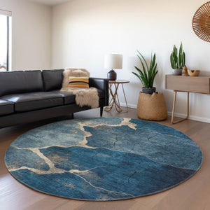 HomeRoots 8' Navy Blue and Beige Round Abstract Rug - Durable, Washable, Stylish for Indoor & Outdoor Spaces 624715