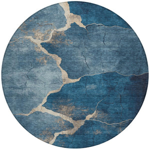 HomeRoots 8' Navy Blue and Beige Round Abstract Rug - Durable, Washable, Stylish for Indoor & Outdoor Spaces 624715