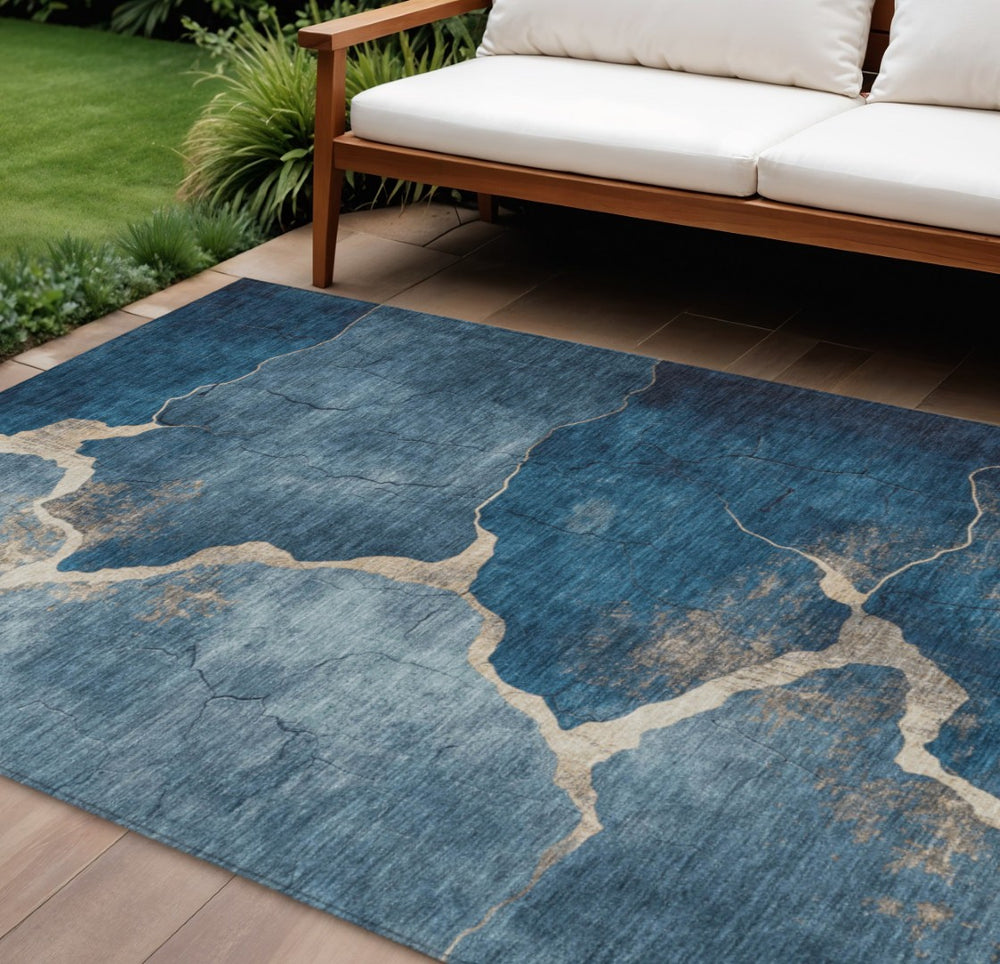 HomeRoots 10' Navy Blue and Beige Abstract Area Rug – Washable, Durable, Stain-Resistant for Indoor/Outdoor Use 624718