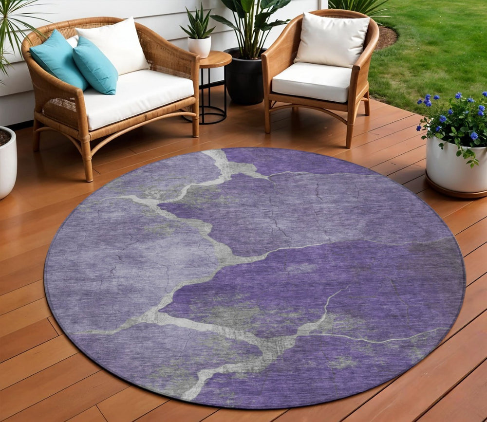 HomeRoots 8' Purple and Beige Round Abstract Area Rug - Stylish, Durable, Washable for Indoor/Outdoor Spaces 624721