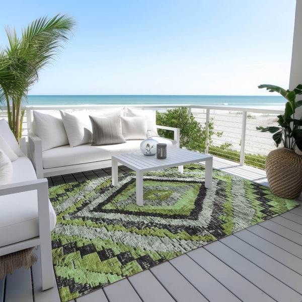 HomeRoots 5' X 8' Artichoke Green & Gray Aztec Rug - Stylish, Washable, Durable for Indoor & Outdoor Use! 624732