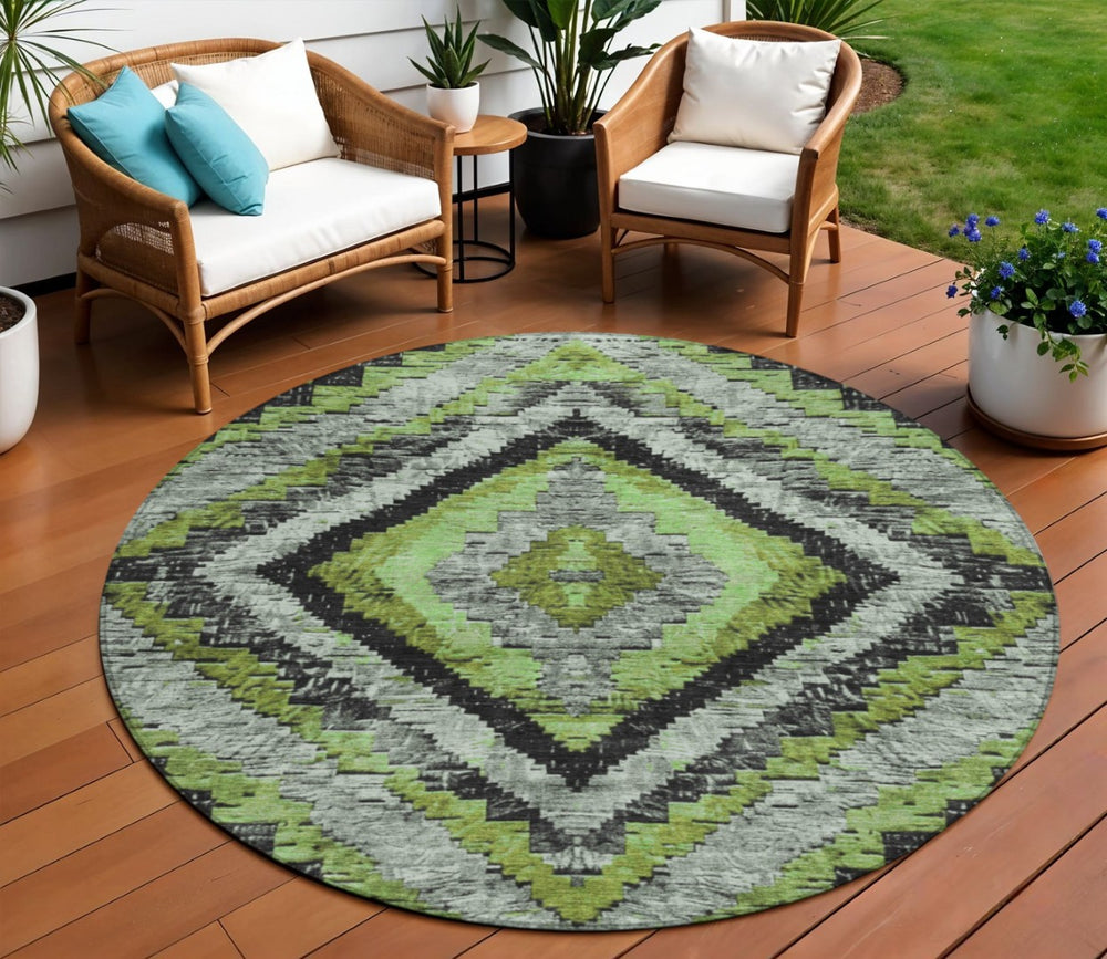 HomeRoots 8' Artichoke Green Round Aztec Indoor Outdoor Area Rug – Durable, Washable, Stylish for Any Space 624733