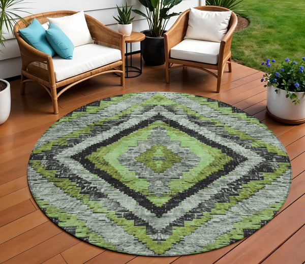 HomeRoots 8' Artichoke Green Round Aztec Indoor Outdoor Area Rug – Durable, Washable, Stylish for Any Space 624733
