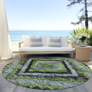 HomeRoots 8' Artichoke Green Round Aztec Indoor Outdoor Area Rug – Durable, Washable, Stylish for Any Space 624733