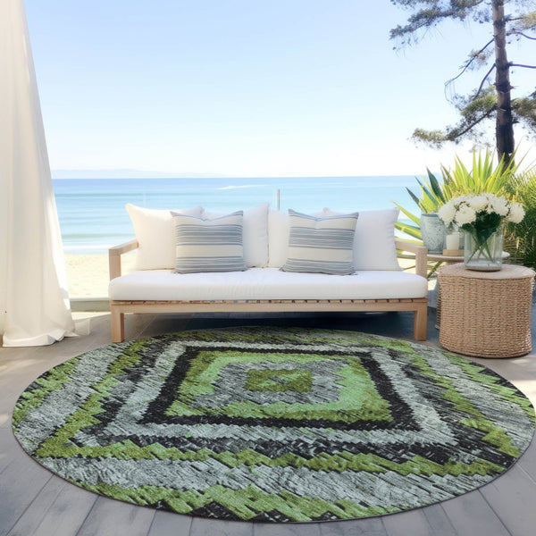 HomeRoots 8' Artichoke Green Round Aztec Indoor Outdoor Area Rug – Durable, Washable, Stylish for Any Space 624733