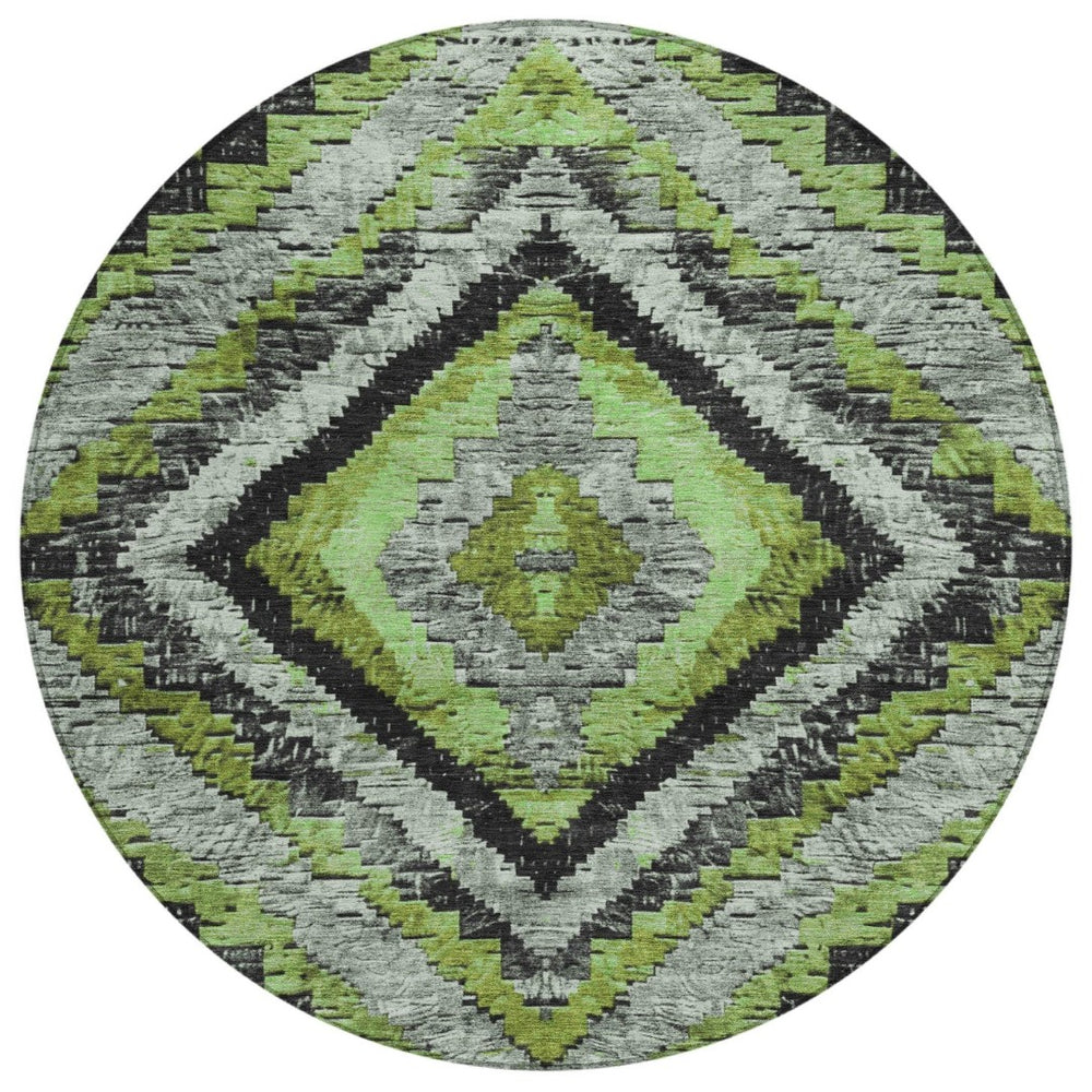 HomeRoots 8' Artichoke Green Round Aztec Indoor Outdoor Area Rug – Durable, Washable, Stylish for Any Space 624733
