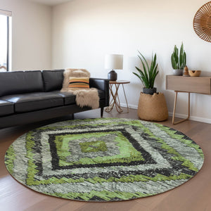 HomeRoots 8' Artichoke Green Round Aztec Indoor Outdoor Area Rug – Durable, Washable, Stylish for Any Space 624733