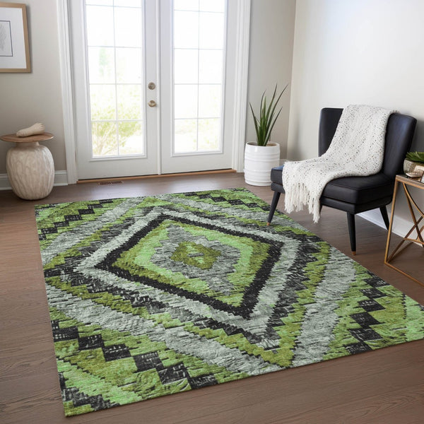HomeRoots 8' X 10' Artichoke Green & Gray Aztec Rug - Washable, Durable Indoor/Outdoor Area Decor for High-Traffic Spaces 624734