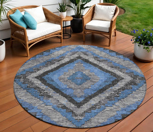 HomeRoots 8' Blue And Gray Round Aztec Rug – Durable, Washable Design for Indoor & Outdoor Living Spaces 624745