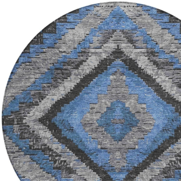 HomeRoots 8' Blue And Gray Round Aztec Rug – Durable, Washable Design for Indoor & Outdoor Living Spaces 624745