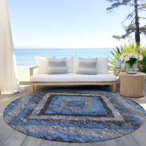 HomeRoots 8' Blue And Gray Round Aztec Rug – Durable, Washable Design for Indoor & Outdoor Living Spaces 624745