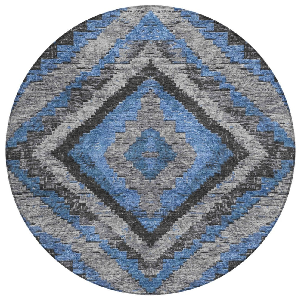 HomeRoots 8' Blue And Gray Round Aztec Rug – Durable, Washable Design for Indoor & Outdoor Living Spaces 624745