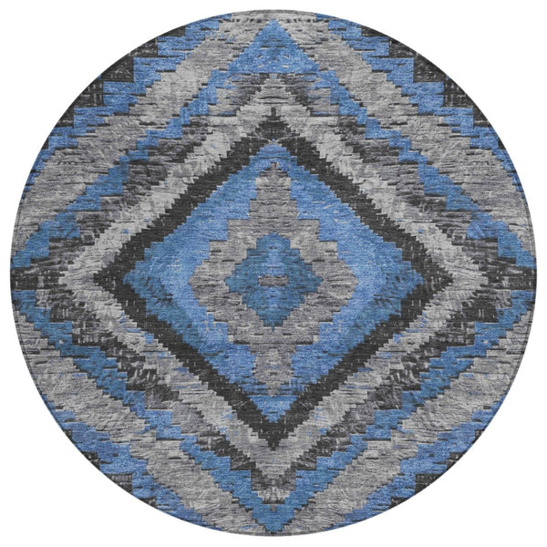 HomeRoots 8' Blue And Gray Round Aztec Rug – Durable, Washable Design for Indoor & Outdoor Living Spaces 624745