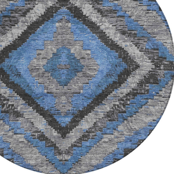 HomeRoots 8' Blue And Gray Round Aztec Rug – Durable, Washable Design for Indoor & Outdoor Living Spaces 624745