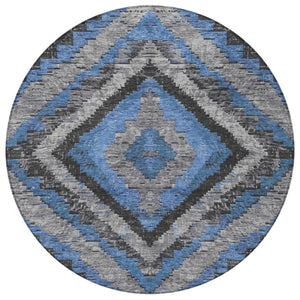HomeRoots 8' Blue And Gray Round Aztec Rug – Durable, Washable Design for Indoor & Outdoor Living Spaces 624745