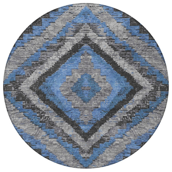 HomeRoots 8' Blue And Gray Round Aztec Rug – Durable, Washable Design for Indoor & Outdoor Living Spaces 624745