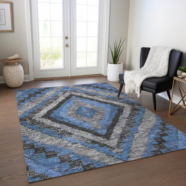 HomeRoots 9' X 12' Blue and Gray Aztec Indoor Outdoor Rug – Durable, Washable, Stylish for Family Homes & Patios 624747