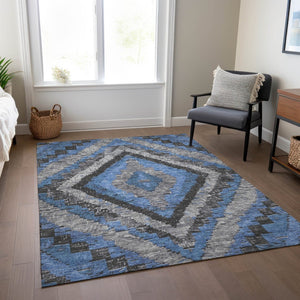 HomeRoots 9' X 12' Blue and Gray Aztec Indoor Outdoor Rug – Durable, Washable, Stylish for Family Homes & Patios 624747