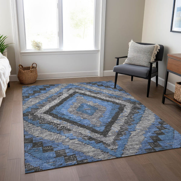 HomeRoots 10' Blue and Gray Aztec Washable Area Rug - Durable Indoor/Outdoor Design for High-Traffic Spaces 624748