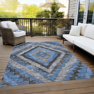 HomeRoots 10' Blue and Gray Aztec Washable Area Rug - Durable Indoor/Outdoor Design for High-Traffic Spaces 624748