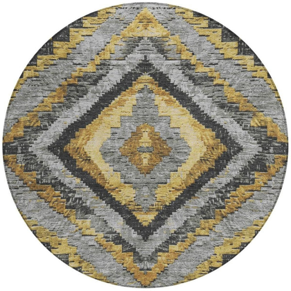 HomeRoots 8' Gold and Gray Round Aztec Indoor Outdoor Area Rug – Stylish, Washable, Durable & Family-Friendly Design 624751