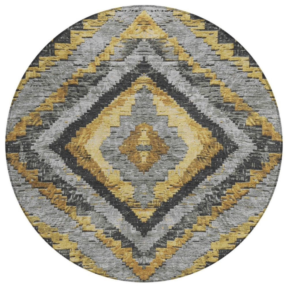 HomeRoots 8' Gold and Gray Round Aztec Indoor Outdoor Area Rug – Stylish, Washable, Durable & Family-Friendly Design 624751