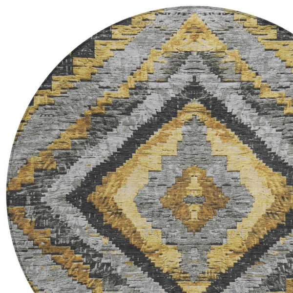 HomeRoots 8' Gold and Gray Round Aztec Indoor Outdoor Area Rug – Stylish, Washable, Durable & Family-Friendly Design 624751