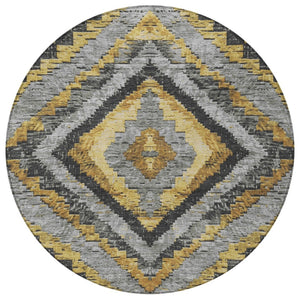 HomeRoots 8' Gold and Gray Round Aztec Indoor Outdoor Area Rug – Stylish, Washable, Durable & Family-Friendly Design 624751