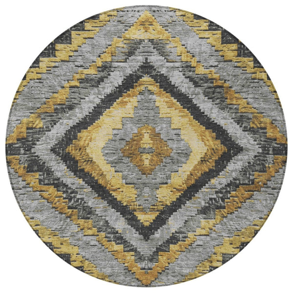 HomeRoots 8' Gold and Gray Round Aztec Indoor Outdoor Area Rug – Stylish, Washable, Durable & Family-Friendly Design 624751