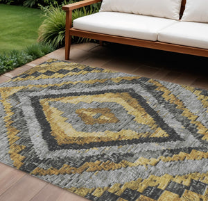 HomeRoots 9' X 12' Gold and Gray Aztec Area Rug - Durable, Washable Design Perfect for Indoor and Outdoor Use 624753