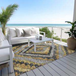 HomeRoots 10' X 14' Gold and Gray Aztec Rug – Stylish, Washable Area Rug for Indoor & Outdoor Spaces 624754