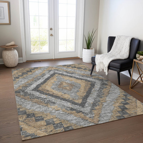 HomeRoots 5' Khaki & Gray Aztec Indoor Outdoor Area Rug – Durable, Washable, Stylish for High-Traffic Spaces 624756