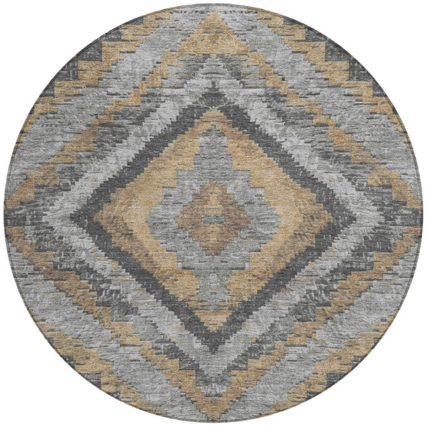 HomeRoots 8' Khaki and Gray Round Aztec Indoor Outdoor Area Rug - Durable, Washable, Stylish for Any Space! 624757