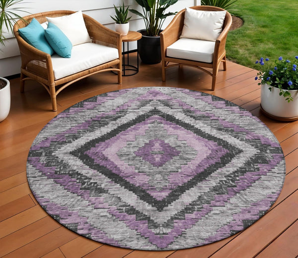 HomeRoots 8' Modern Round Aztec Area Rug in Lavender and Gray - Stylish, Washable for Indoor & Outdoor Use! 624763