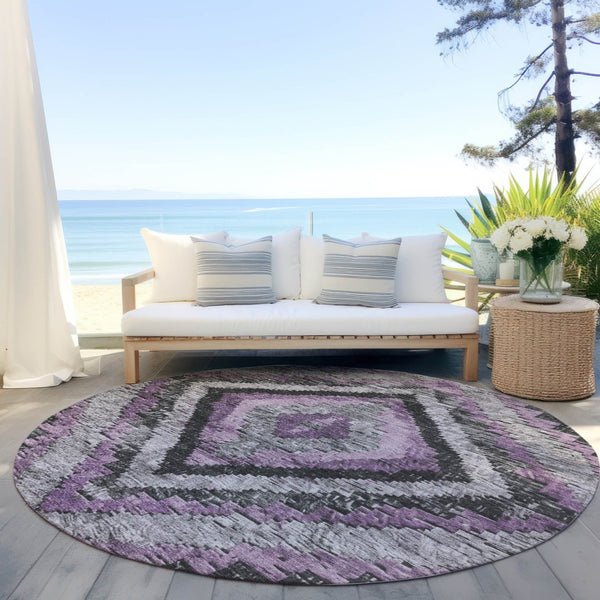 HomeRoots 8' Modern Round Aztec Area Rug in Lavender and Gray - Stylish, Washable for Indoor & Outdoor Use! 624763